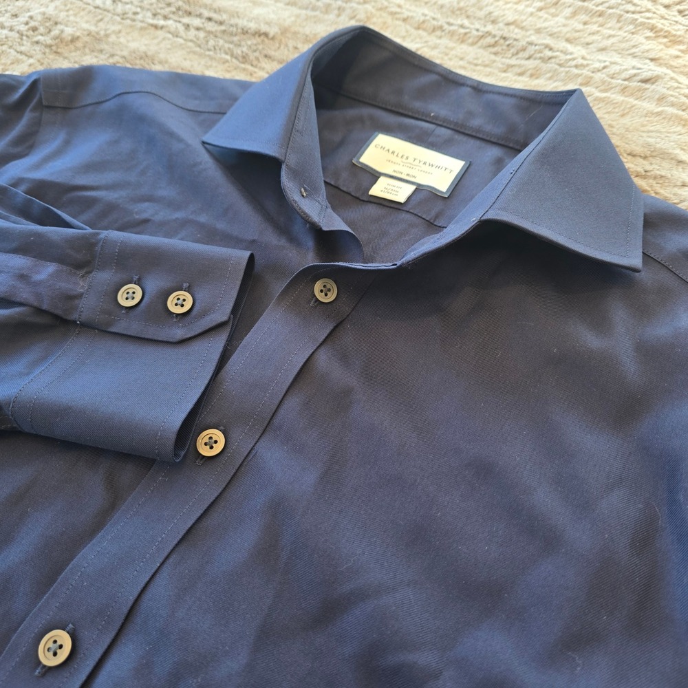 Charles Tyrwhitt Mens Slim Fit Non-Iron Navy Blue Dress Shirt 16/33 Cotton Twill